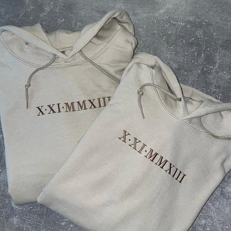 Personalized Embroidered Roman Numeral On Chest Matching Hoodie Valentines Day Couple Gifts 