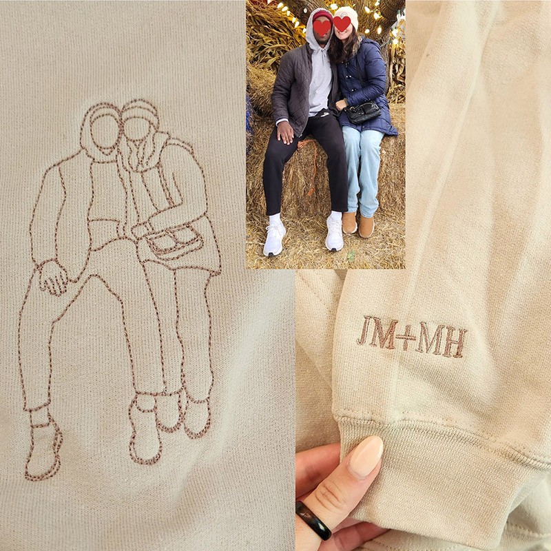 Embroidered Portrait Matching Couple Hoodie Sweatshirt Anniversary Couple Gifts 