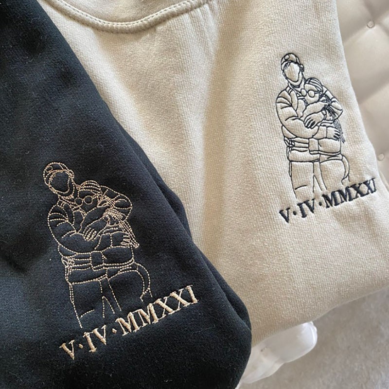 Embroidered Portrait Matching Hoodie Sweatshirt Couple Gifts 