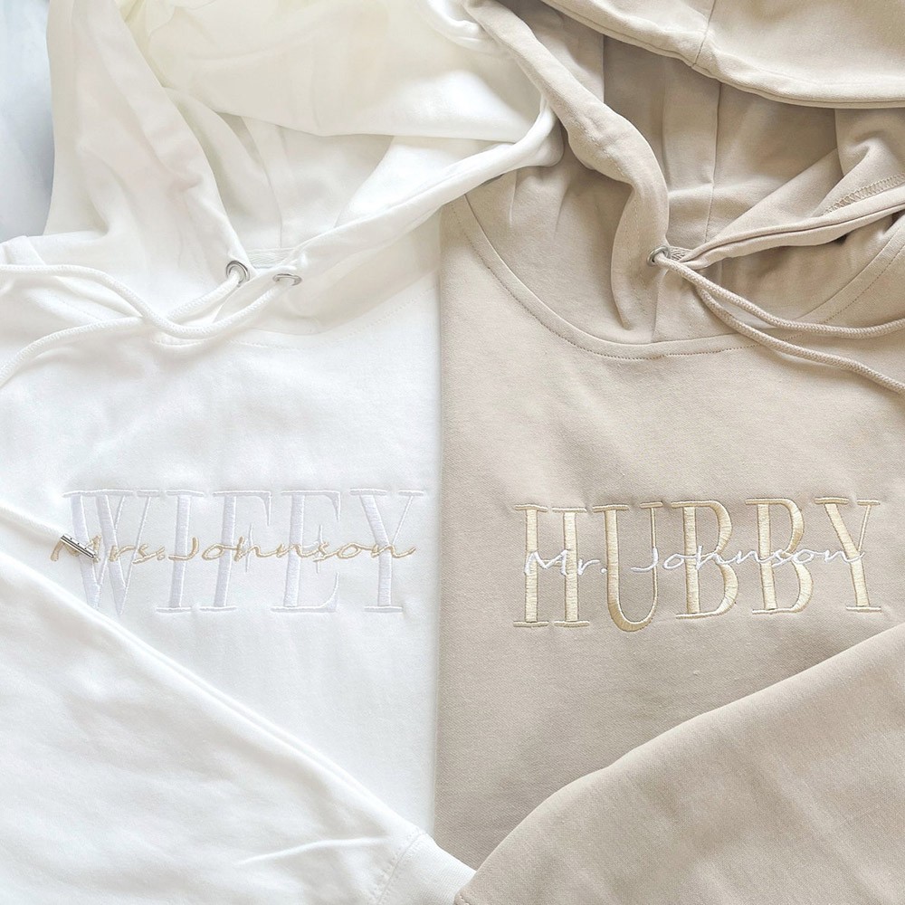 Embroidered Wifey Hubby Couple Hoodie Sweatshirt Anniversary Couple Gifts 