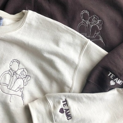 Embroidered Portrait Matching Couple Hoodie Sweatshirt Anniversary Couple Gifts 