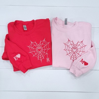 Embroidered Matching Spider Web Heart Matching Hoodie Sweatshirt Couple Gifts 