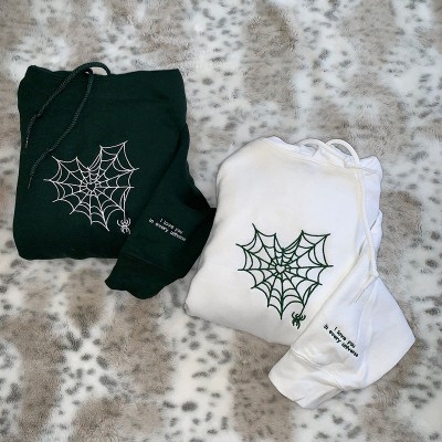 Embroidered Matching Spider Web Heart Matching Hoodie Sweatshirt Couple Gifts 