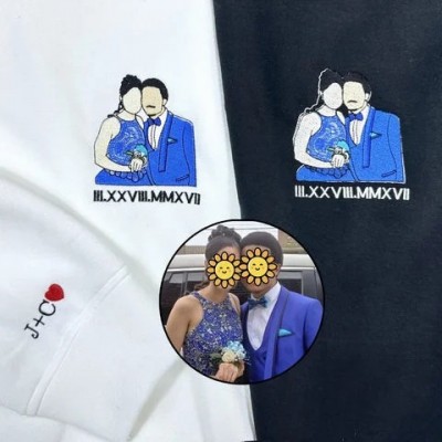 Embroidered Portrait Matching Hoodie Sweatshirt Couple Gifts 