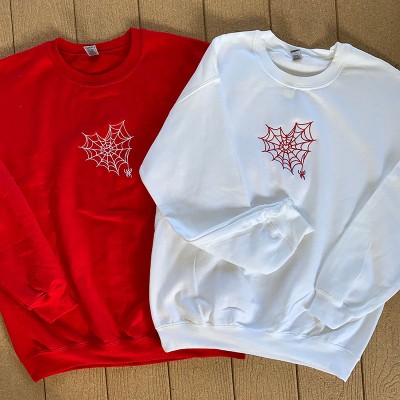 Embroidered Matching Spider Web Heart Matching Hoodie Sweatshirt Couple Gifts 